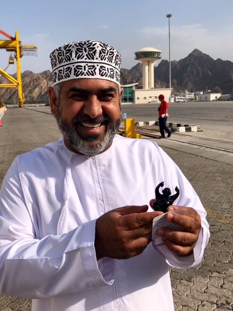 No matter their religion, their color, their sex, their age or nationality Syd has been widely embraced by people all over the world! We have yet to introduce Syd to anyone who was not brightened by his presence. This is Ali, our driver in Muscat. You can tell by his smile that he gets Syd’s message.