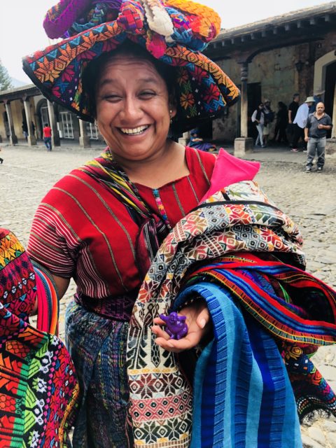 This is Isabella, a new owner of Syd. She lives in Antigua, Guatemala. She was very happy to receive her present of Syd as you can tell from her big smile! Plus her colorful dress matched Syd’s color-giving persona.