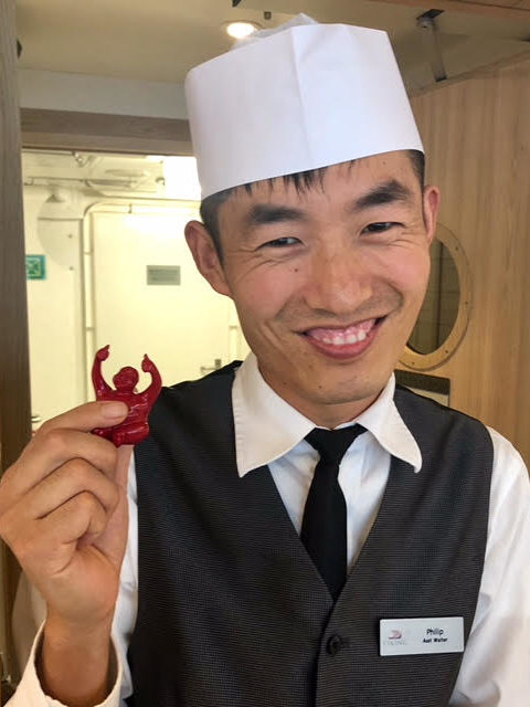 Syd has found a home in Shanghai, China.
Phillip, one of our favorite crew members was very touched by our gift of Syd to him.  He actually had tears in his eyes! Phillip left the ship in Shanghai and is now a proud resident of China where he is spreading his message.